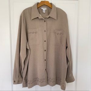 Alfred Dunner Women's Tan Button Down Long Sleeve Decorative Cut Outs